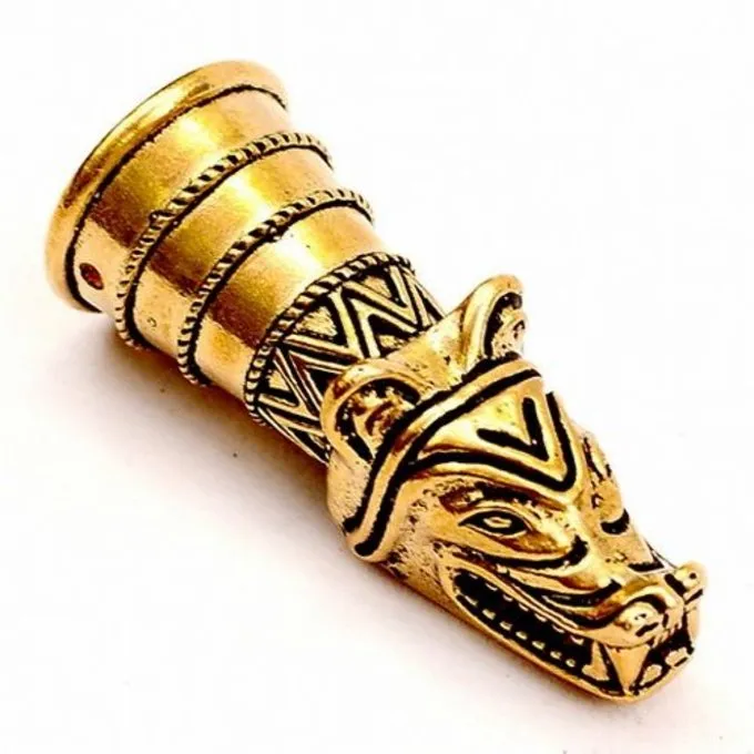 Trinkhorn Dekoration Mit Wolfskopf, Messing 2 Trinkhorn Dekoration Mit Wolfskopf, Messing – Bild 2